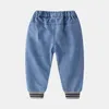 Baby Elastic Trousers Spring Autumn Children's Clothing Kids Big Pocket Demi Long Pants Casual Straight Jeans For Boys 210529