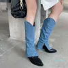 부츠 블루 데님 패치 워크 Wesern 카우보이 무릎 여성 섹시한 뾰족한 발가락 긴 허벅지 승마 신발 4SFQ