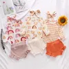 Wholesale Spring Baby Girlセットレインボーチェック柄トップロングスリーブロンパ+ショーツ弓ヘッドウェア3ピースセットE100228 210610