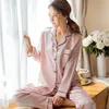 Women Pajamas Sets Quality Sexy Navy Satin Ice Silk Sleepwear Korea Sweet Long Sleeve Trousers Pyjamas 210809