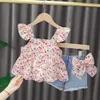 Tenue de bébé filles Nouvelles filles Mode 2 pièces Costume Chemise Top + Salopette en jean Jeans Vêtements pour enfants Bébé Fille Costume Denim Shorts X0902