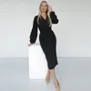 Casual Dresses Elegant Lantern Sleeve Slim Party Dress Office Lady V Neck High Waist White Black Midi 2021 Autumn Fashion For Women