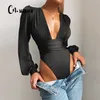 CNYISHE Black Deep V Neck Bodysuit Women Rompers Sexy Bodycon Jumpsuit Solid Elastic Casual Party Bodysuits Body Tops Overalls 211111