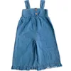 Spring Autumn Korean style girls fashion wide leg ruffles denim overalls Kids oversized loose suspender trousers 211102