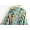 Green Vintage Retro Night Garde Print Boho Maxi Kimono Shirt Sleeve Cardigan Boheemse Lange Wrap Blouse Zomer Tops Beachwear 210719