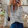 Outono Mulheres Mulheres Casual Manga Longa Striped Patchwork Jumpers Senhoras Solta Suéteres De Malha Fashion Zip V-Pescoço Tops Pullover 210914