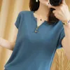 Pure cotton T-shirt women summer V-neck pullover solid color knitwear plus size casual sweater short-sleeved tees 210720