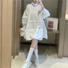 İlkbahar ve Sonbahar Moda Kore A-Line Gömlek Elbise Gevşek Standı Yaka Fener Kol Katı Renk Kadınlar 210615