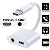 2 i 1 Dual typ C Jack hörlursadapterkabel för Samsung S20 S10 Huawei USB-typ-C till 3,5 mm AUX Audio Headphones Splitter Laddningsomvandlare