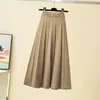 Women Knitted Ribbed Pleated Midi Skirts Solid Warm A-Line Skirt Female Winter Autumn Trendy Elegant Ladies Bottoms Girls 210621