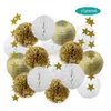 MI Primera Comunion Party Gunst Gouden Ronde Papier Lantaarn Kids Jongen Verjaardag DIY Gift Roze Honingraat Bal Bruiloft Decor Pompoms 210610