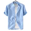 Suehaiwe's brand short sleeve linen shirt mens comfortable stand collar men shirts flax and cotton shirt male casual camisa1