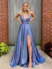 Sexy Shiny Deep V Neck Light Sky Blue A-Line Prom Dresses Long Spaghetti Straps Floor Length High Side Split Formal Evening Gowns Special Occasion Party Dress