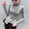 Pequeña camisa de fondo de cuello alto para mujer otoño e invierno nueva moda irregular camiseta femenina de manga larga ropa delgada tops H1230