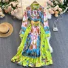 Women Fashion Bohemian Retro Print Lapel Long Sleeve Slim Holiday A-line Dress Elegant Clothes Vestidos De Mujer R832 210527