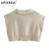 KPYTOMOA Women Fashion With Ribbed Trims Cropped Knitted Sweater Vintage Lapel Collar Sleeveless Female Pullovers Chic Tops 211103