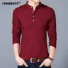 COODRONY T-shirt Mannen Lente Herfst Katoen T-shirt Mannen Effen Kleur Chinese Stijl Mandarijn Kraag Lange Mouwen Top Tee 608 210722