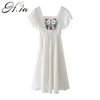 Hsa Summer Long Dress for Women Short Batwing Sleeve High Waist White Pleated Vestidos Holiday Robe Boho Floral Embroidery 210716