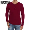 URSPORTTECH Marke Einfarbig T-shirts Männer Frühling Herbst Langarm Mode-Taste Design Dünne Beiläufige Herren T Shirts Atmungsaktiv G1229