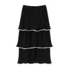 PERHAPS U Black Pink Solid Cascading Ruffle Midi Skirt Casual Empire Ruched Cake Skirt Summer S0233 210529