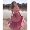 Kvinnor Klänning 100% Bomull Ballon Sleeves Elastisk Maxi Long Puff Dress Ruffled Hem Fashion Vestidos Femme Robe 210709