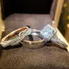 Huitan Luksusowa księżniczka cięta sześcienna cyrkon Pierindy małżeńskie ślubne Pierścienie 3PC Zestaw Eleganckie akcesoria Genialne kobiety modne biżuterię P190Y