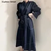 Elegancka sukienka spaghetti kobieta z paskiem stojak szyja luźna maxi vestido pani koreańska elegancka ciemnoniebieska wiosna odzież 210603
