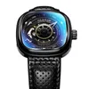 Glenaw 디자인 브랜드 남성 중공 자동 검은 기계식 시계 GMT Top Reloj Hombre 시계 방수 210609