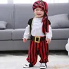 com Cap Colete Cavaleiro Vermelho Pirata Halloween Traje Costume Stripe Terno Bebê Menino Dia das Bruxas Vestido Festa Children Kid Roupas 3-15m 210226