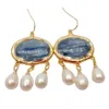 YYGEM vintage style Natural oval Blue Kyanite White Rice freshwater Pearl Dangle Hook Earrings gold filled For Women Girls Gifts