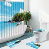 Shower Curtains Beach Seascape Curtain Tropical Plants Natural Landscape Bridge Non-Slip Flannel Rugs Toilet Cover Bathroom Set Bath Mat