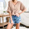 Elegant Women Summer Solid Color T-Shirts Casual V Neck Half Sleeve Loose Pullovers Tops Fashion Ladies Button Up Tee Shirt 210526