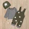 Sonbahar Çocuk Setleri Kısa Kollu O Boyun Şerit T-shirt Baskı Yıldız Askı Pantolon Şapka Casual Erkek Giysileri 6M-2T 210629