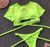 Swimwear feminino Sporty Tankini Swimsuits Neon Green Bikini Esporte High Neck Brinquedo Swimsuit Sexy Manga Curta Mulheres Corte Top Thong Thong Ternos