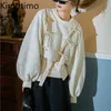 Sweet Hoodie Casual Krótkie bluzy Kobiety Z Długim Rękawem O-Neck Swetry Lace Up Tie Split High Street Oversize Loose 210803