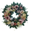 Artificial Pink Rose Wreath 15inch Front Door Wreaths with Hydrangea Green Leaves Garland Mother's Day Wedding Home Decor GGA4378