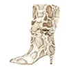 Women's Boots Snakeskin Print Pleated Mid Heel Party Shoes Pointed Toe Slip On Sexy Stiletto Women Motorcycle Boot