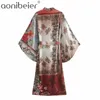 Femme Summer Casual Holiday Beach Wear Imprimé Kimono Chemises Manches Extrêmes Mi Longueur Femmes Chemise Lâche avec Ceinture 210604