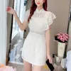 PERHAPS U Women Embroidery Lace Green White Mandarin Collar Flare Sleeve Shorts Two Pieces Set T0428 210529