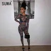 Maglia stampata alla moda See Through Bodycon Tuta Donna Autunno Moda Streetwear O-Collo Skinny Slim Active Workout Outfits 210525