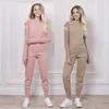 Women's Tracksuit Knitting Sweater Pants Suit Set Women's 2 Piese Set O-neck Long Sleeve Knitted Hollow Out Shoulder Polyester Y0625