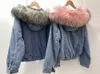 Luzuzi Big Faux Fur Collarデニムジャケット女性冬フード付き暖かいジャンジャケット学生の基本的な短いパーカー女性爆撃機コート211007