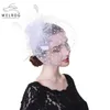 Geizige Krempe Hüte WELROG Frauen Fancy Feather Party Hochzeit Kopfbedeckung Fascinator Veil Dot Print Garn Stirnband mit Clips245b