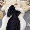 Été Sexy Sexy Robe de mini noire à double boutonnée à épaule pour femmes à manches courtes taille haute Slim Vestidos Femme 2022