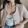 Women Jackets Summer Korean Chic Female O-Neck Trim Double Pocket Puff Sleeved Tweed Coats 210531