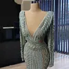 Elegant Sage Mermaid Evening Dresses Lace Appliques Deep V Neck Party Gowns Women Prom Dress Long Sleeves See Through Robe De Soriee