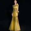 2023 elegante ouro lantejoulas sereia vestidos de baile um ombro pescoço lado split vestidos de noite cetim varredura trem ocasião especial form2406