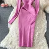 2021 Autumn New Design Seksowna damska damna dół Krzyżowy Krzyżowy długi rękaw stały kolor BodyCon Tunik Midi Long Pencil Dress301r