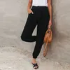 Women Summer Solid Color Long Trousers Elastic Waist Design Pockets Decor Elastic High Waist Casual Leggings 2021 Fashion Pants Q0801