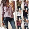 Womens V Neck T Shirts Solid Long Sleeve Waffle Knit Loose Top X0628